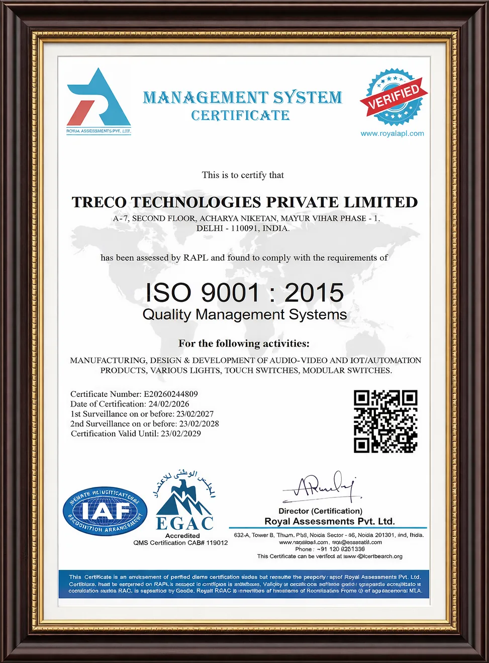 Treco Technologies ISO 9001:2015 certificate